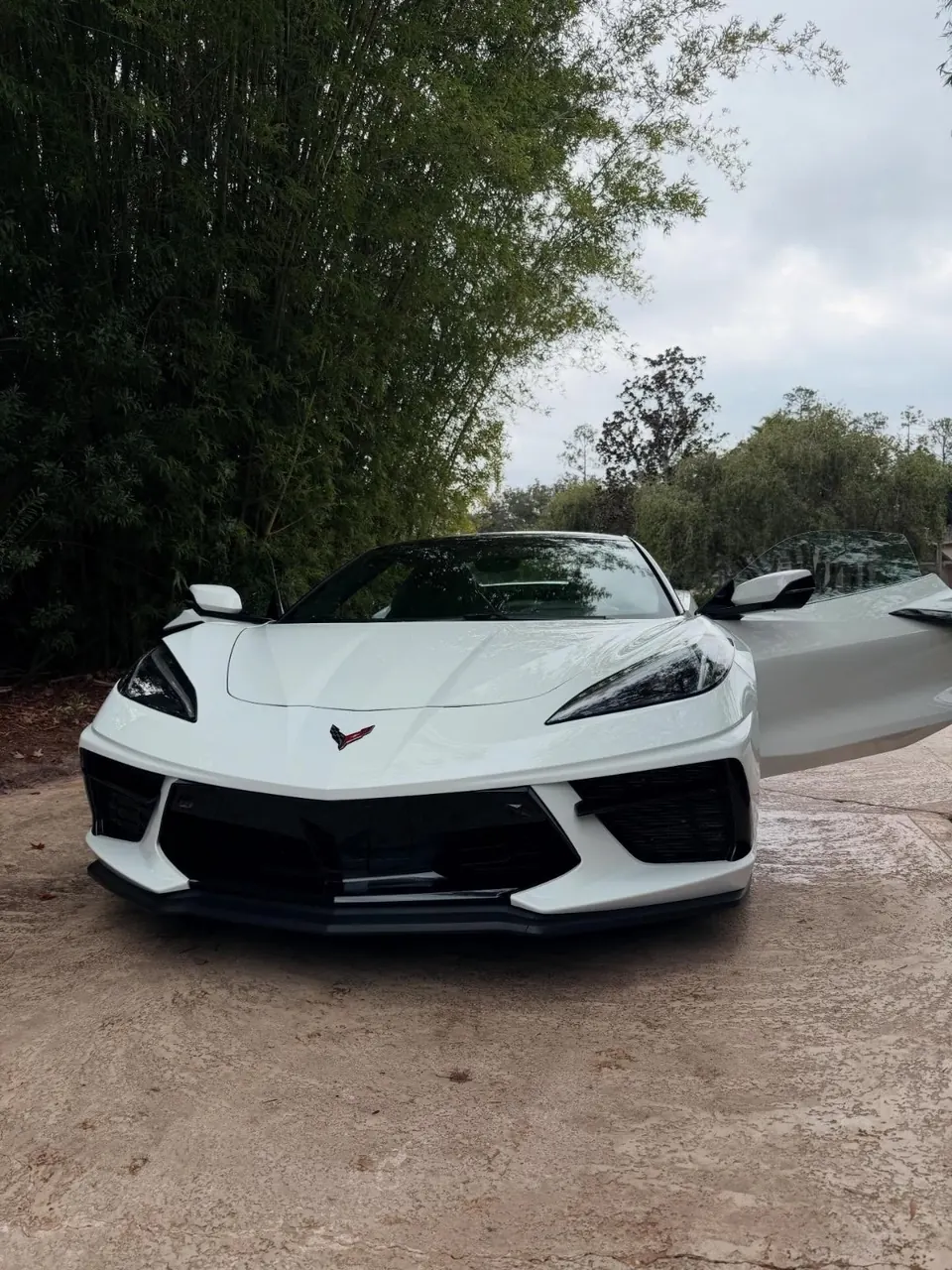 White C8 Corvette with doors up after a mobile detail